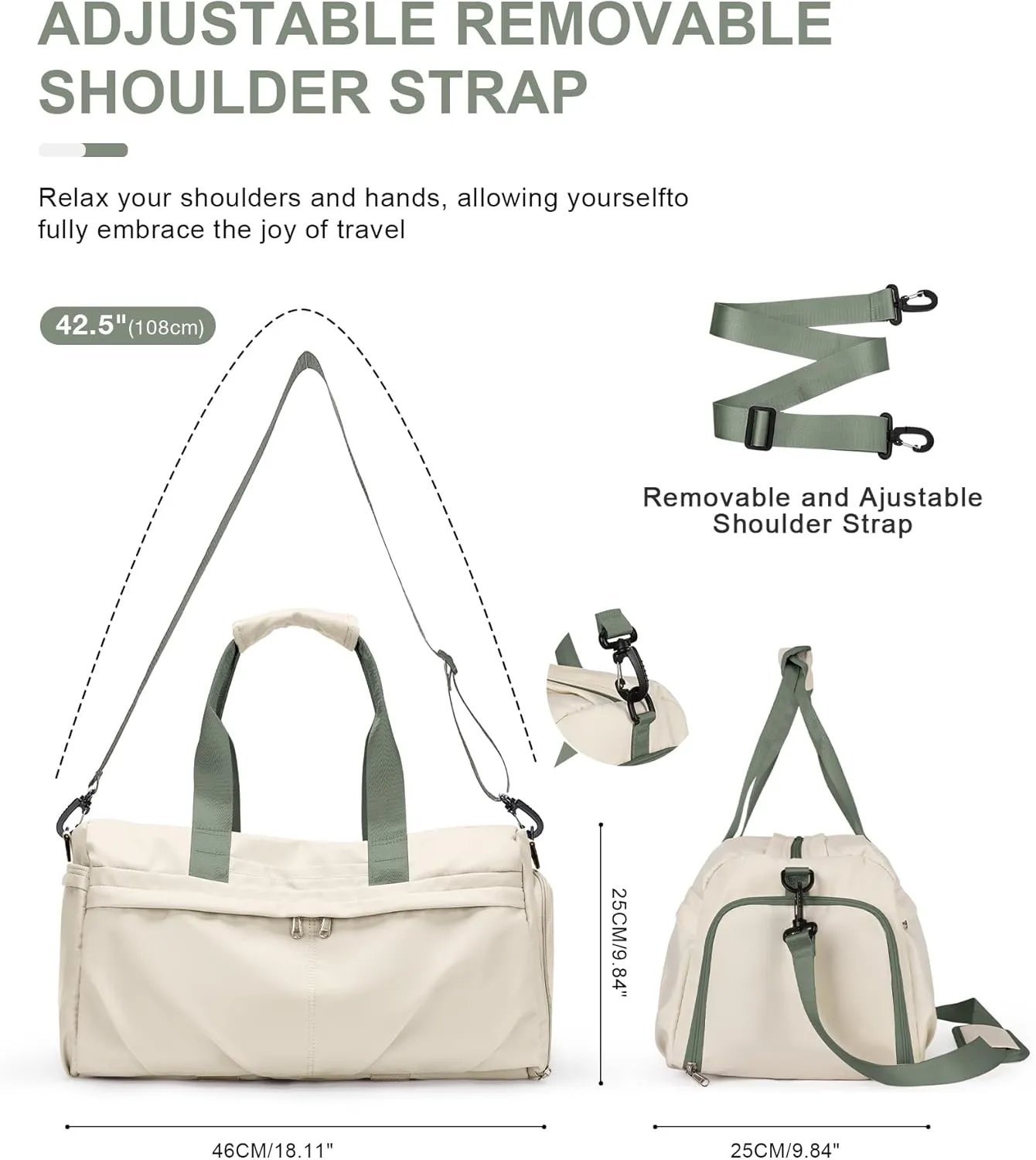 Gym Bag for Women Men with Shoe Compartment, Sport Duffel Bag, Waterproof Travel Weekender Overnight Carry on Bag for Yoga with Trolley Sleeve, A22- Beige Green, Yoga Gym Bag