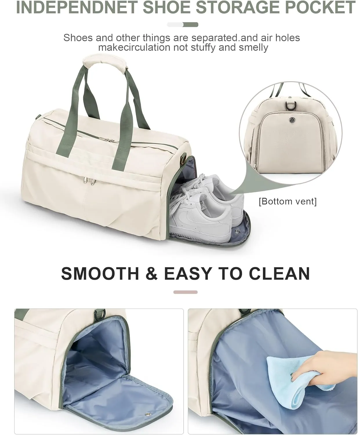 Gym Bag for Women Men with Shoe Compartment, Sport Duffel Bag, Waterproof Travel Weekender Overnight Carry on Bag for Yoga with Trolley Sleeve, A22- Beige Green, Yoga Gym Bag