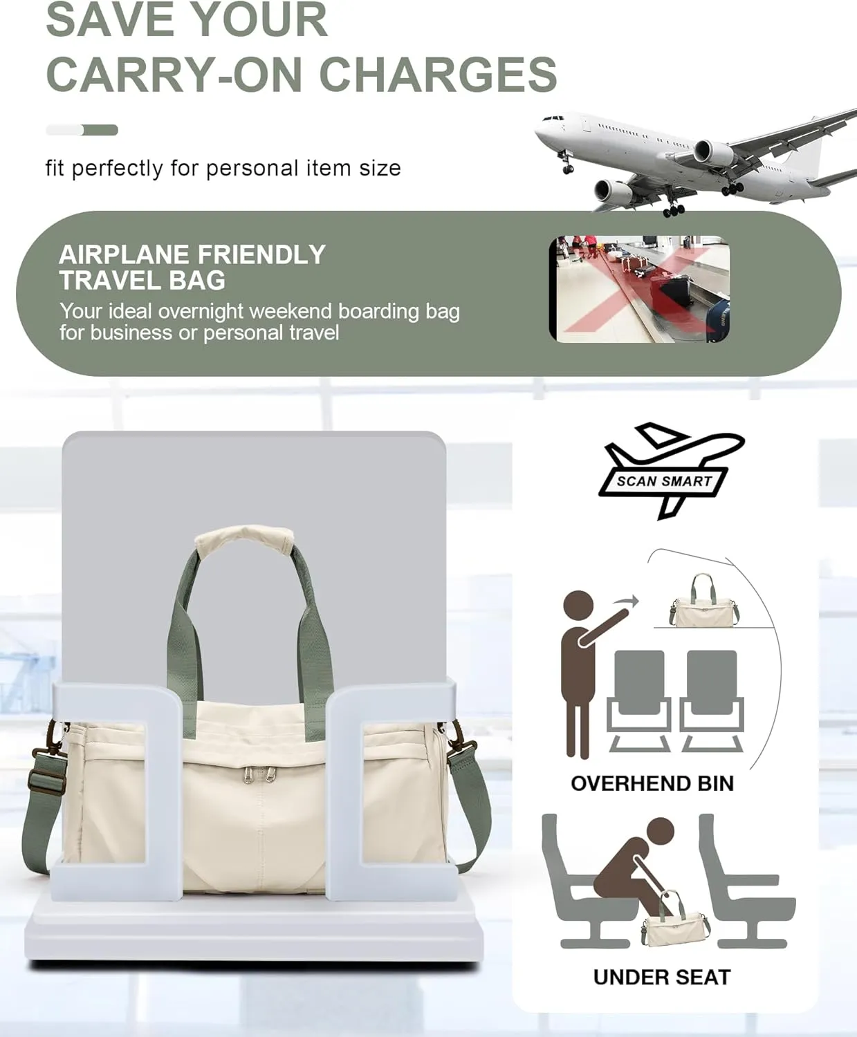Gym Bag for Women Men with Shoe Compartment, Sport Duffel Bag, Waterproof Travel Weekender Overnight Carry on Bag for Yoga with Trolley Sleeve, A22- Beige Green, Yoga Gym Bag