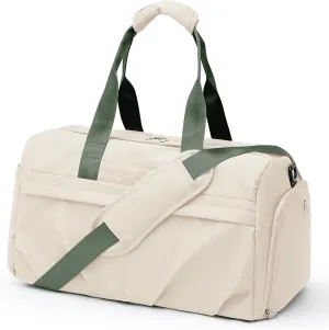 Gym Bag for Women Men with Shoe Compartment, Sport Duffel Bag, Waterproof Travel Weekender Overnight Carry on Bag for Yoga with Trolley Sleeve, A22- Beige Green, Yoga Gym Bag