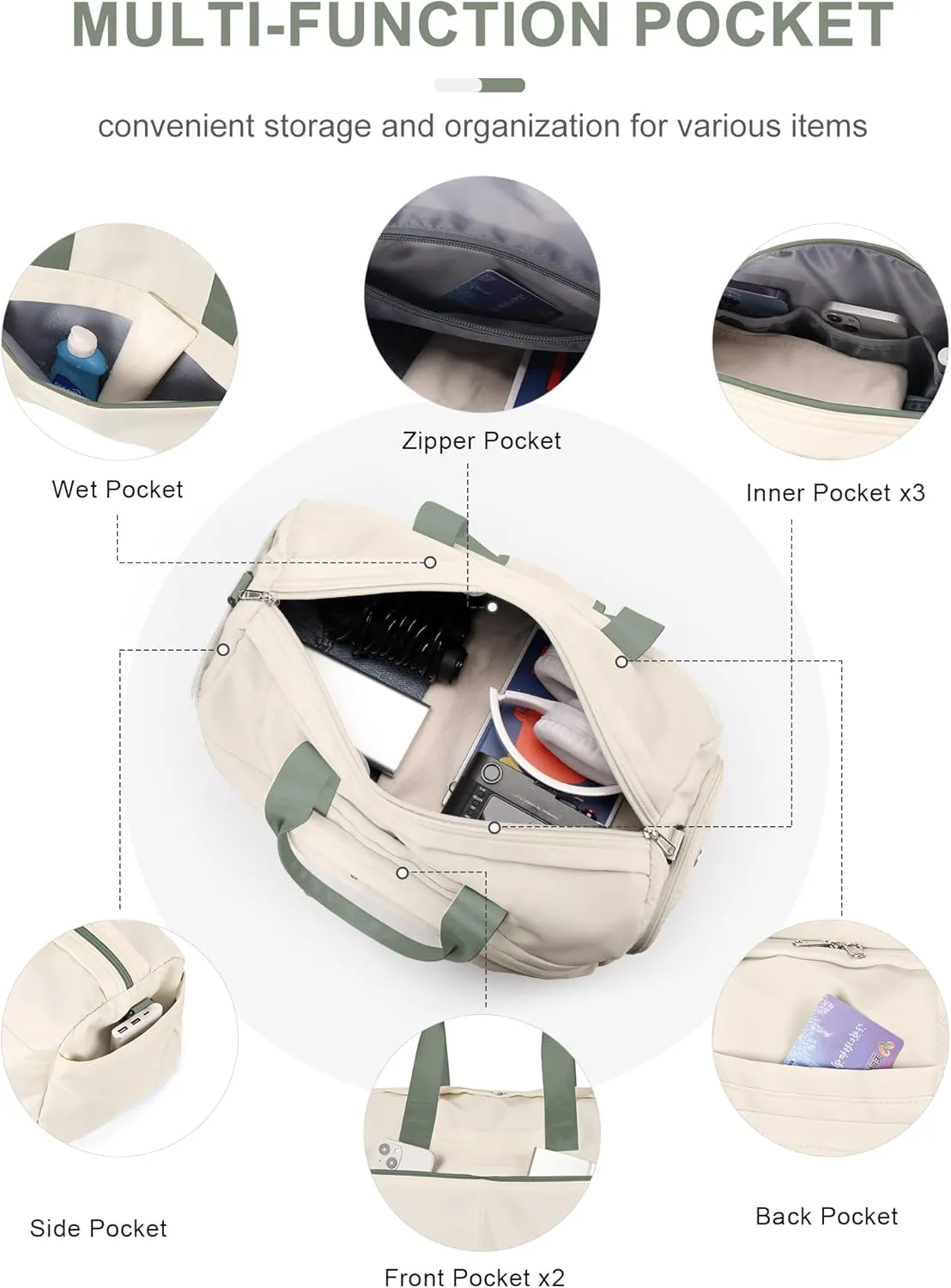 Gym Bag for Women Men with Shoe Compartment, Sport Duffel Bag, Waterproof Travel Weekender Overnight Carry on Bag for Yoga with Trolley Sleeve, A22- Beige Green, Yoga Gym Bag