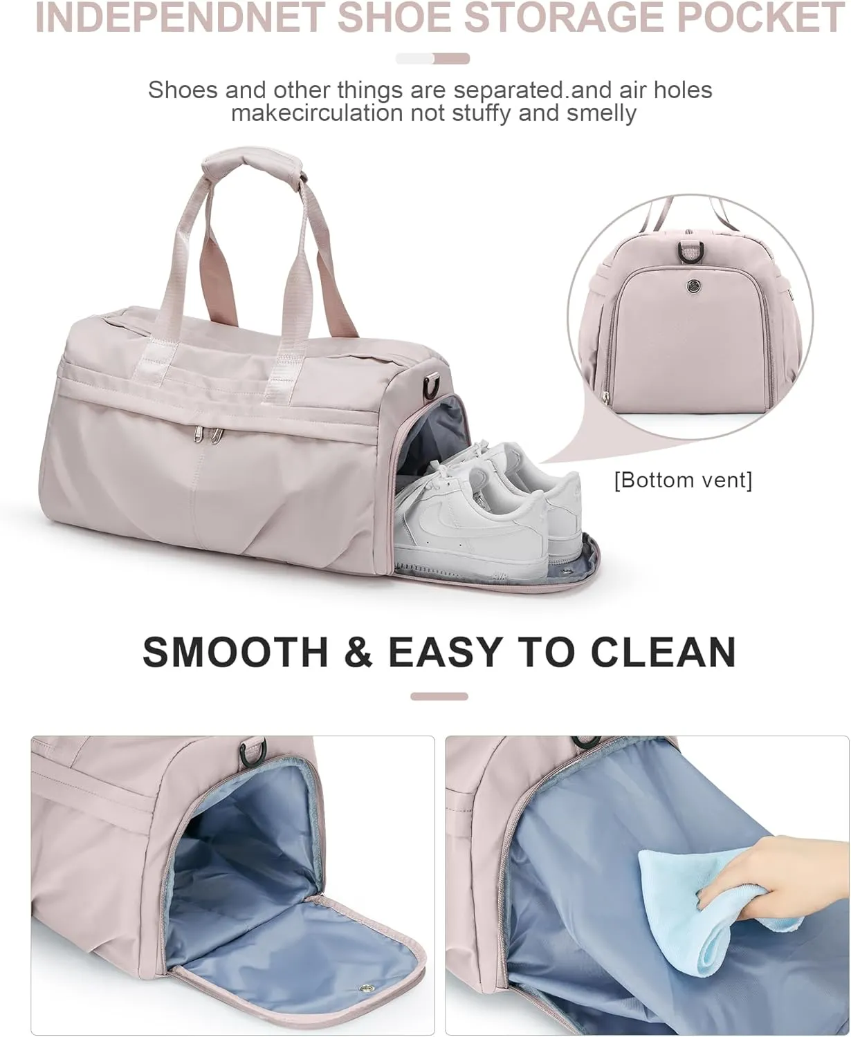 Gym Bag for Women Men with Shoe Compartment, Sport Duffel Bag, Waterproof Travel Weekender Overnight Carry on Bag for Yoga with Trolley Sleeve, A23- Light Pink, Yoga Gym Bag