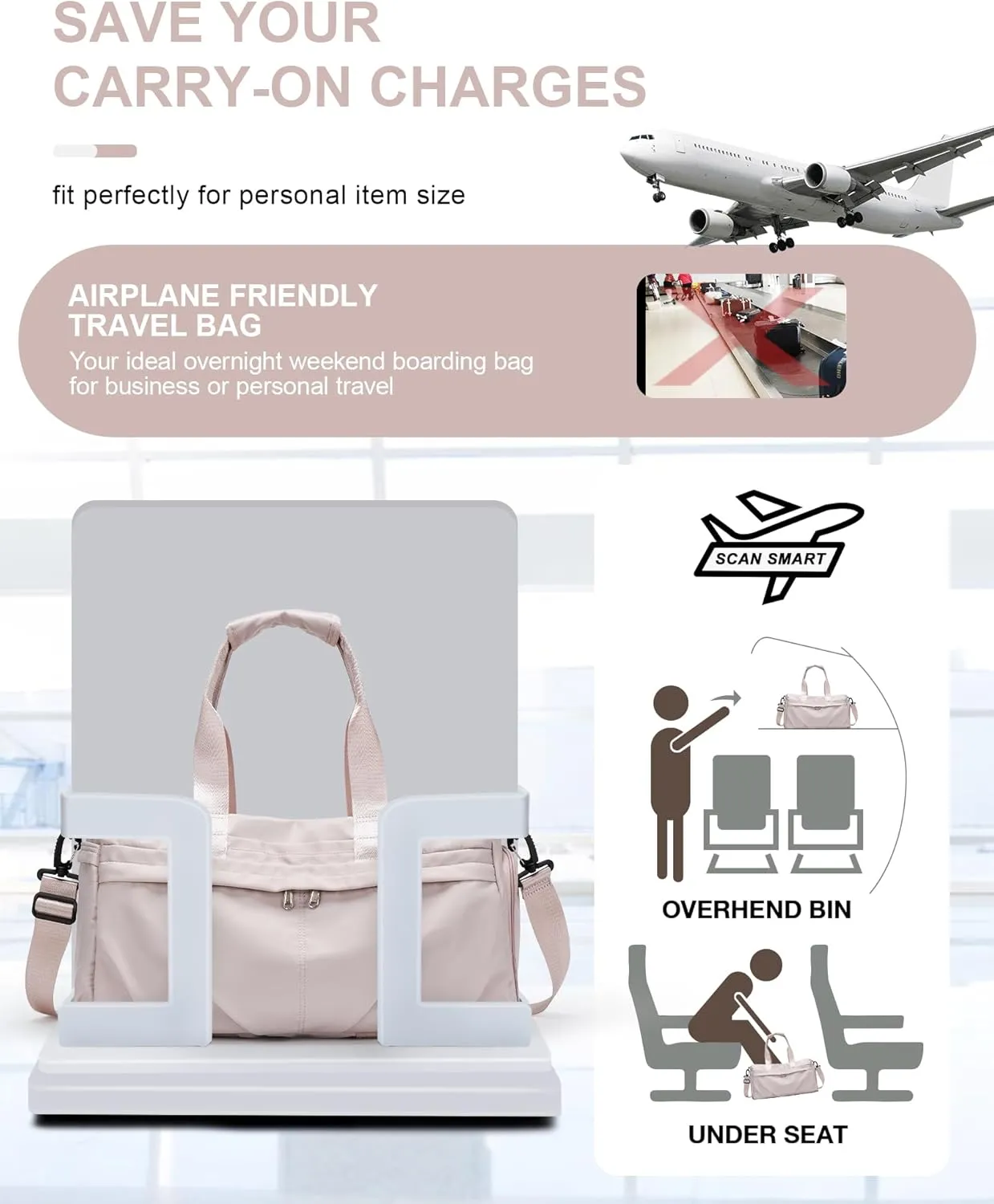 Gym Bag for Women Men with Shoe Compartment, Sport Duffel Bag, Waterproof Travel Weekender Overnight Carry on Bag for Yoga with Trolley Sleeve, A23- Light Pink, Yoga Gym Bag