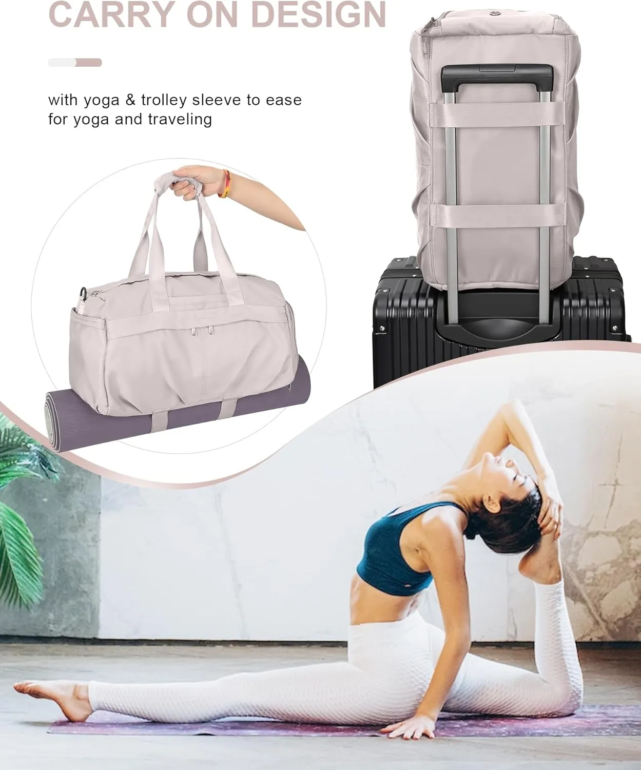 Gym Bag for Women Men with Shoe Compartment, Sport Duffel Bag, Waterproof Travel Weekender Overnight Carry on Bag for Yoga with Trolley Sleeve, A23- Light Pink, Yoga Gym Bag