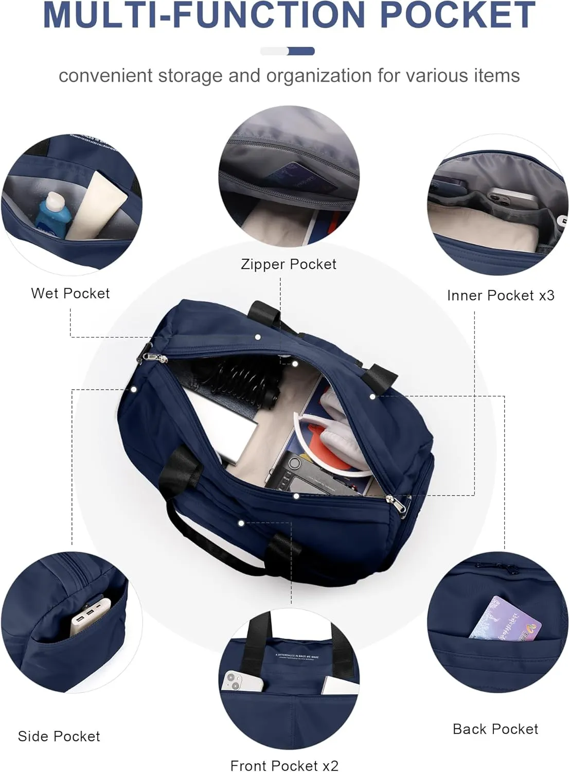 Gym Bag for Women Men with Shoe Compartment, Sport Duffel Bag, Waterproof Travel Weekender Overnight Carry on Bag for Yoga with Trolley Sleeve, A25- Dark Blue, Yoga Gym Bag
