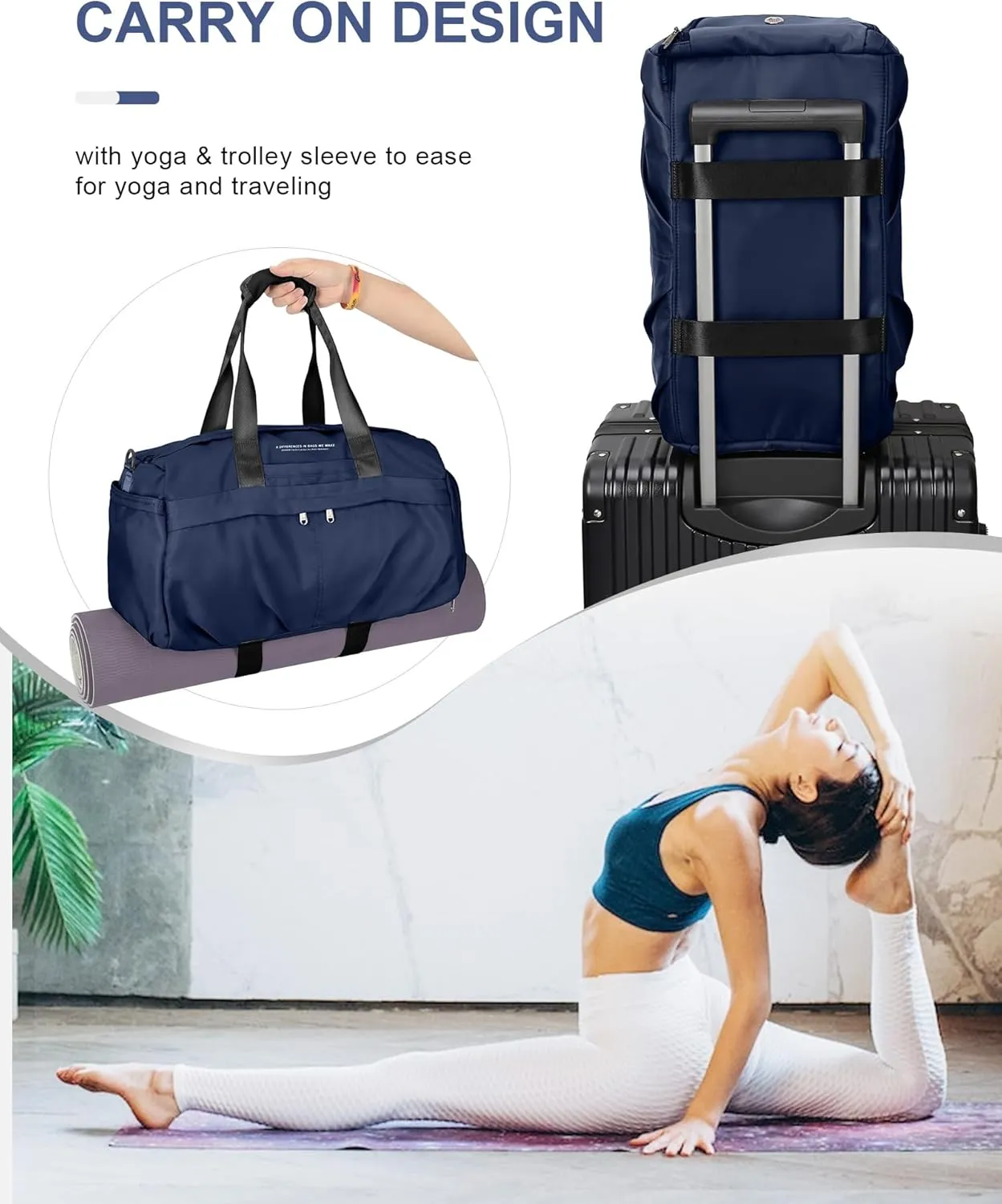 Gym Bag for Women Men with Shoe Compartment, Sport Duffel Bag, Waterproof Travel Weekender Overnight Carry on Bag for Yoga with Trolley Sleeve, A25- Dark Blue, Yoga Gym Bag