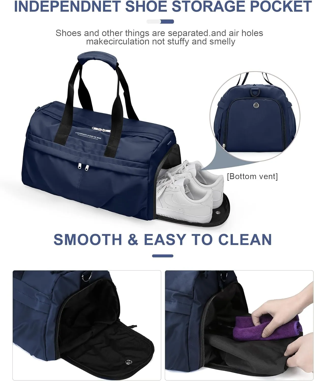 Gym Bag for Women Men with Shoe Compartment, Sport Duffel Bag, Waterproof Travel Weekender Overnight Carry on Bag for Yoga with Trolley Sleeve, A25- Dark Blue, Yoga Gym Bag