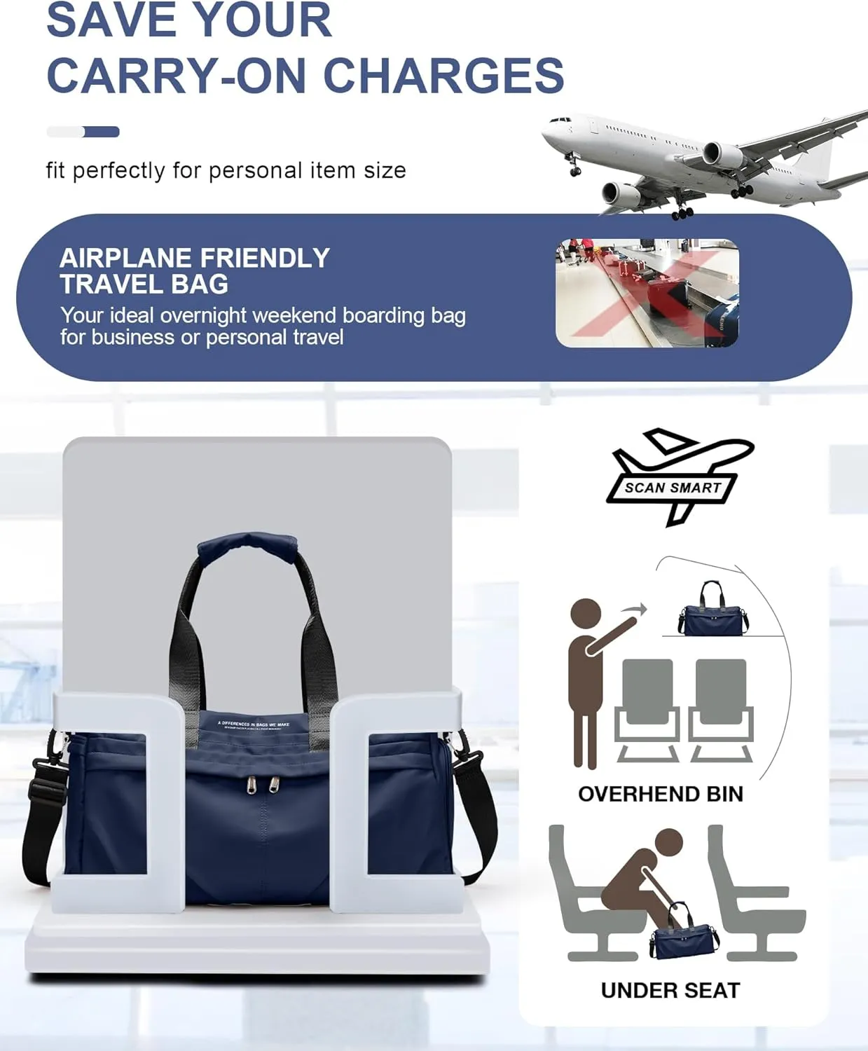 Gym Bag for Women Men with Shoe Compartment, Sport Duffel Bag, Waterproof Travel Weekender Overnight Carry on Bag for Yoga with Trolley Sleeve, A25- Dark Blue, Yoga Gym Bag