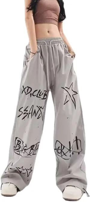 heyheyshine Men's and Women's Hip Hop Casual Pants Alphabet Print Graffiti Street Oversized Jeans Relaxed Fit Y2K Pants