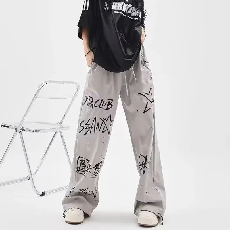 heyheyshine Men's and Women's Hip Hop Casual Pants Alphabet Print Graffiti Street Oversized Jeans Relaxed Fit Y2K Pants