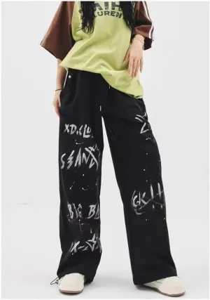 heyheyshine Men's and Women's Hip Hop Casual Pants Alphabet Print Graffiti Street Oversized Jeans Relaxed Fit Y2K Pants