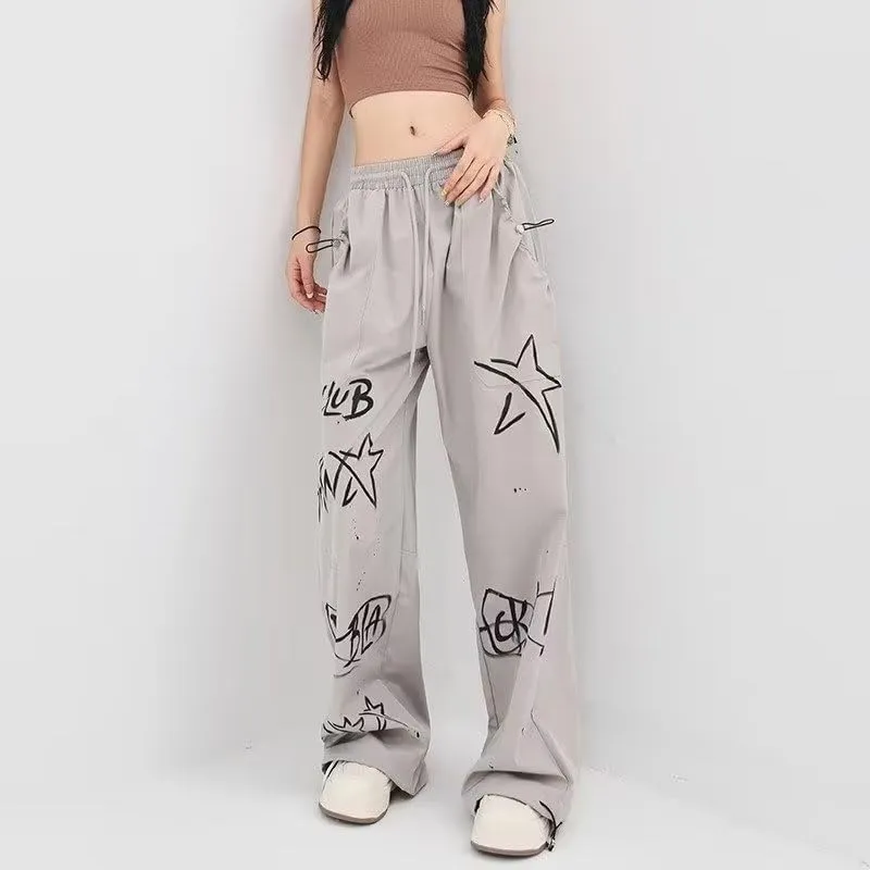 heyheyshine Men's and Women's Hip Hop Casual Pants Alphabet Print Graffiti Street Oversized Jeans Relaxed Fit Y2K Pants