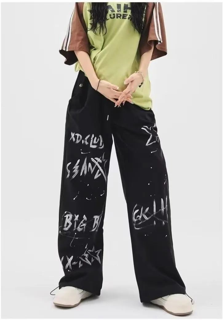 heyheyshine Men's and Women's Hip Hop Casual Pants Alphabet Print Graffiti Street Oversized Jeans Relaxed Fit Y2K Pants