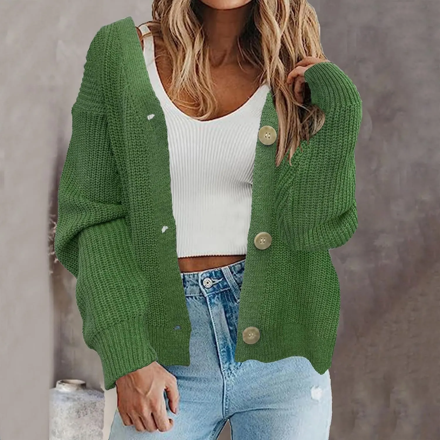 iLH Women's Chunky Knit Open Front Cardigan Sweater Long Sleeve Button Loose Short Cardigan Coats Long Sleeve Sweater