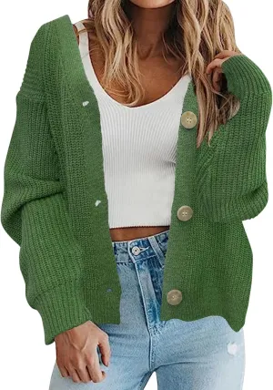 iLH Women's Chunky Knit Open Front Cardigan Sweater Long Sleeve Button Loose Short Cardigan Coats Long Sleeve Sweater