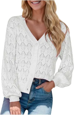 iLH Women's Lightweight Crochet 2024 Cardigan V Neck Long Sleeve Cropped Cardigans Button Up Long Sleeve Cardigan Coat