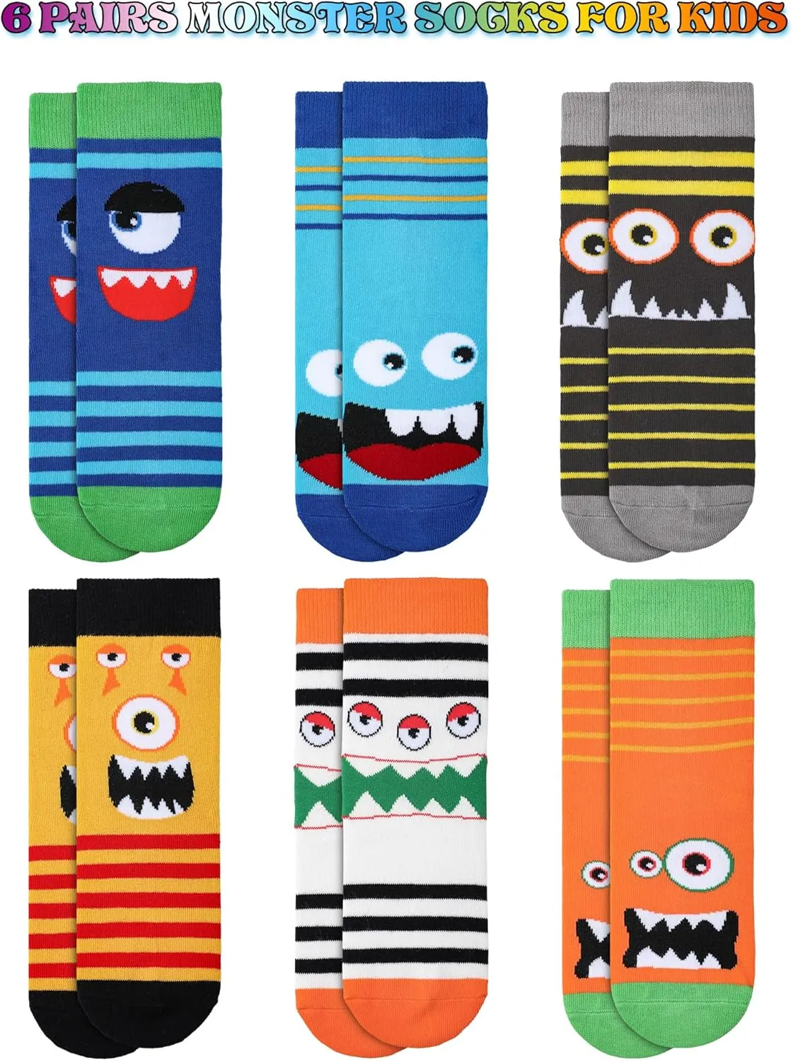Jinei 6 Pairs Boys Monster Pattern Socks Kids Toddler Funny Crazy Cotton Crew Socks Novelty Christmas Gift Party Favors