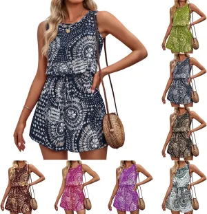 Jumpsuits For Women Casual Summer Sleeveless Boho Waist Belts Short Rompers Loose Beach Wide Leg Overalls With Pockets
