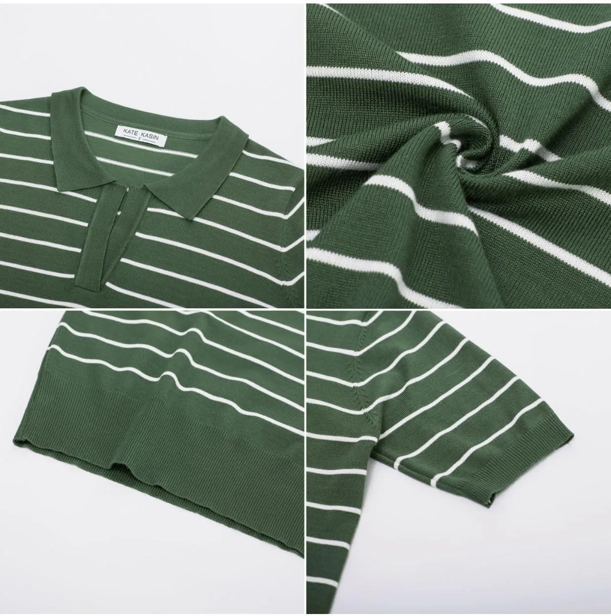 Kate Kasin Women Short Sleeve Polo Sweater V Neck Knitted Tops Casual Ribbed Shirt Loose Pullover Sweater