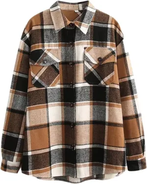 Kinkia Women's Plaid Wool Blend Shirt Jacket Long Sleeve Button Lapel Oversized Shacket Coat