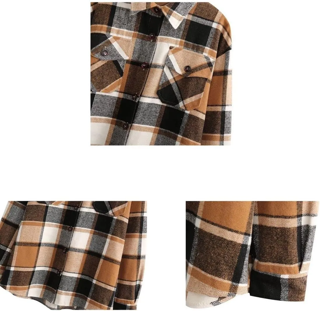 Kinkia Women's Plaid Wool Blend Shirt Jacket Long Sleeve Button Lapel Oversized Shacket Coat