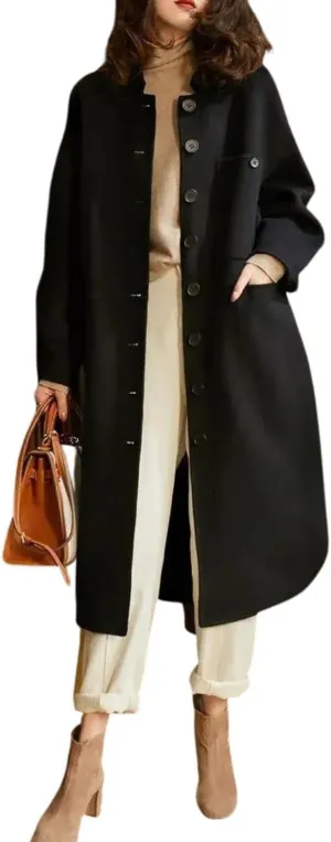 Kwoki Women's Long Wool Blend Peacoat Lapel Collar Long Sleeve Single Breasted Outwear Trench Coat
