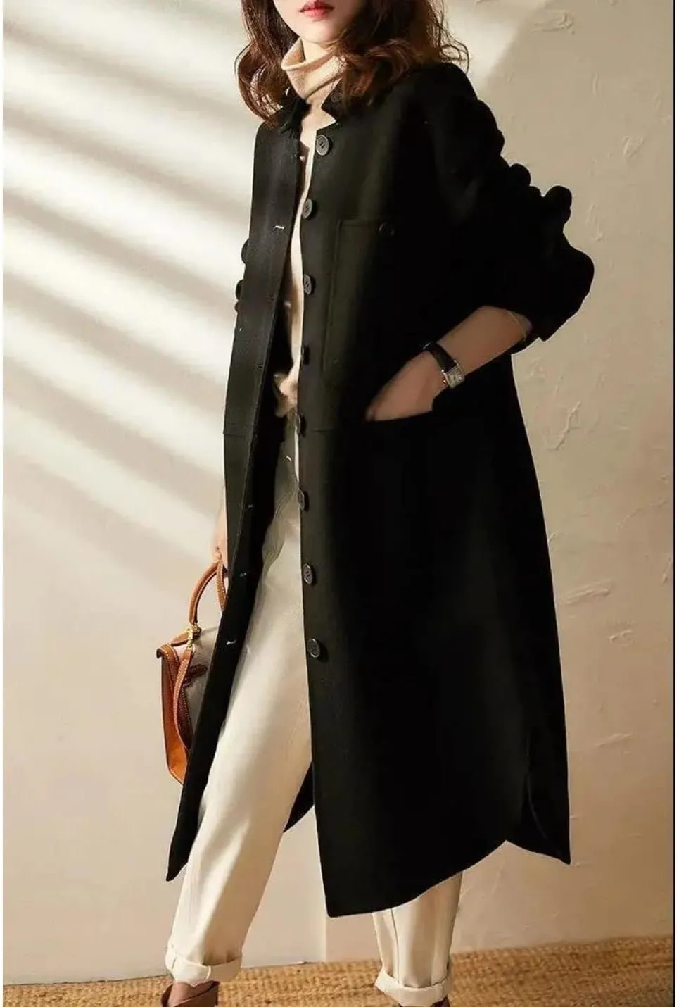 Kwoki Women's Long Wool Blend Peacoat Lapel Collar Long Sleeve Single Breasted Outwear Trench Coat