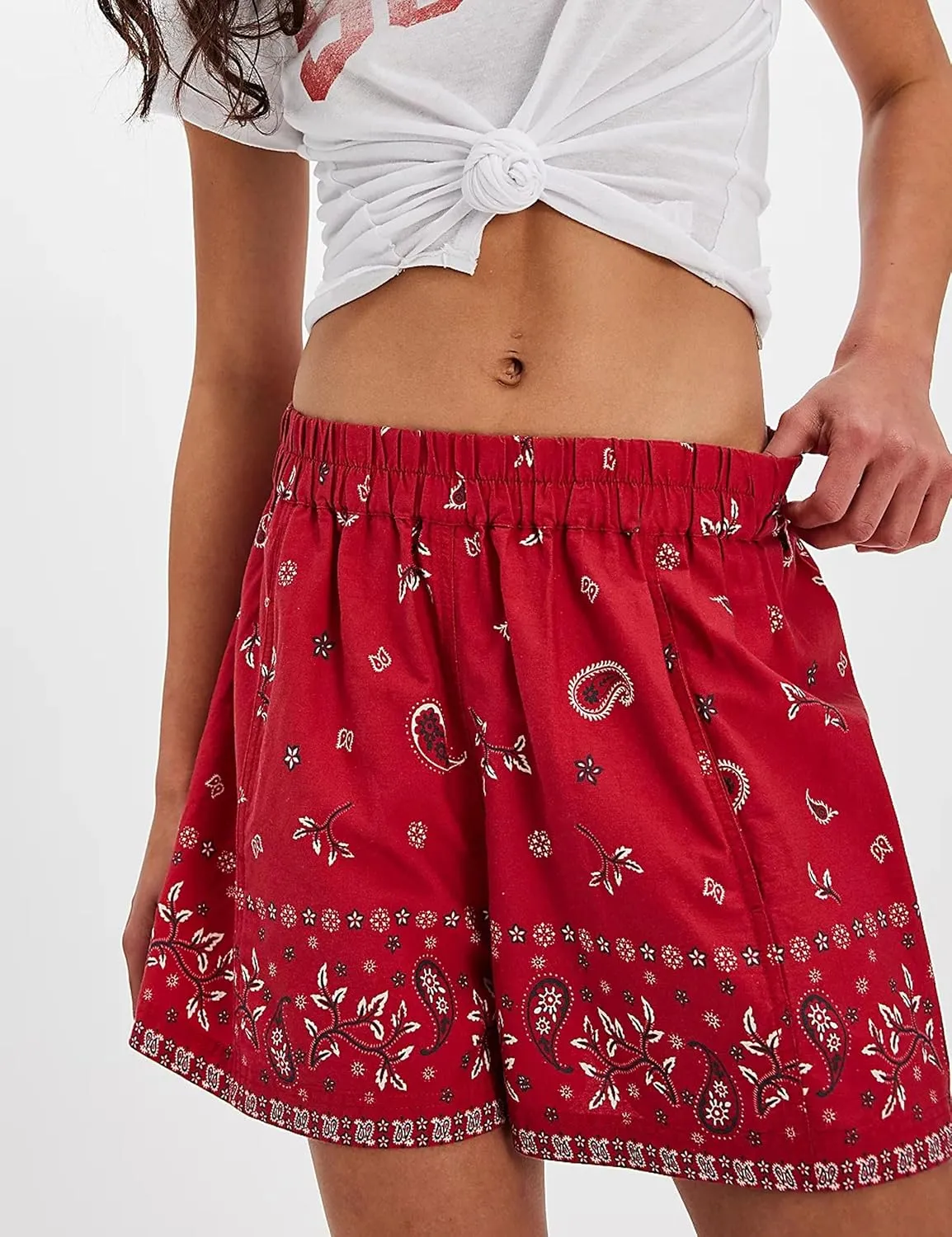 Lauweion Womens Boho High Waisted Shorts Paisley Print 2025 Summer Lounge Beach Boxer Shorts with Pockets