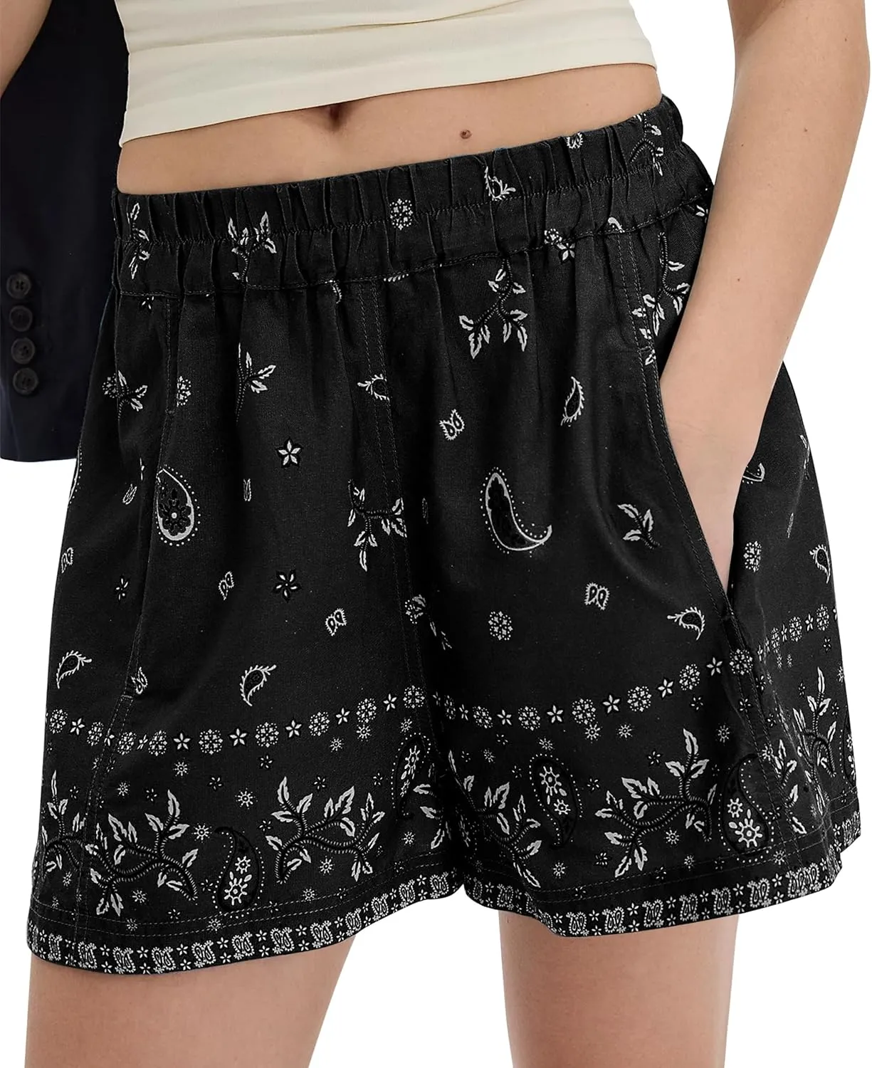 Lauweion Womens Boho High Waisted Shorts Paisley Print 2025 Summer Lounge Beach Boxer Shorts with Pockets