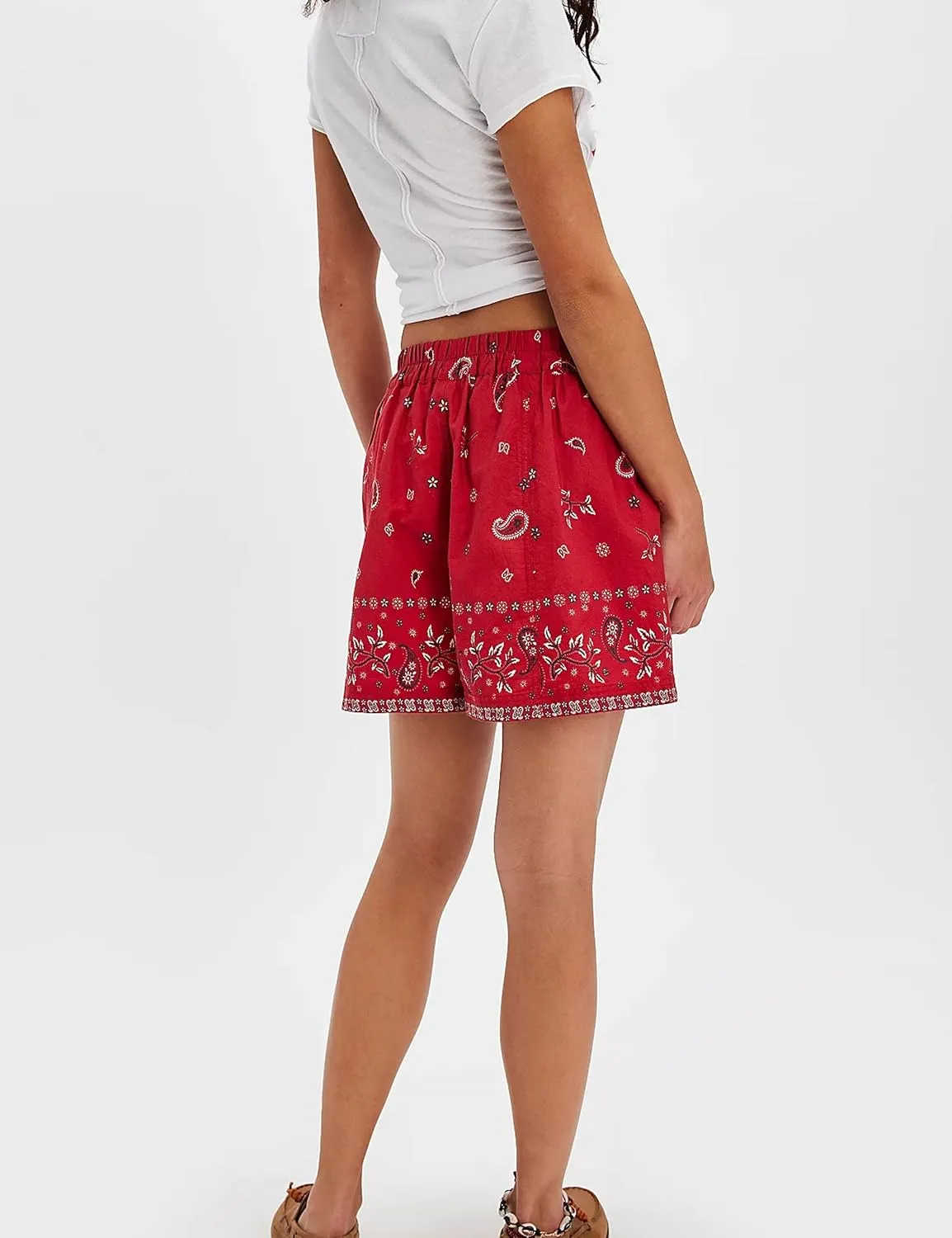 Lauweion Womens Boho High Waisted Shorts Paisley Print 2025 Summer Lounge Beach Boxer Shorts with Pockets