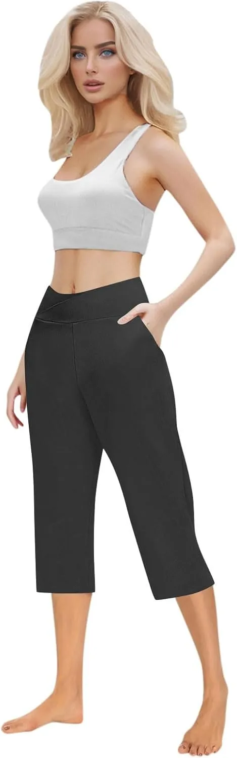 Lightweight Capri Sweatpants Women Knee Length Casual Summer Trousers Linen Elastic Waist Beach Capri with Pockets