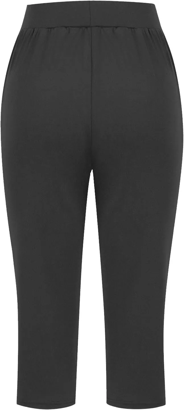 Lightweight Capri Sweatpants Women Knee Length Casual Summer Trousers Linen Elastic Waist Beach Capri with Pockets