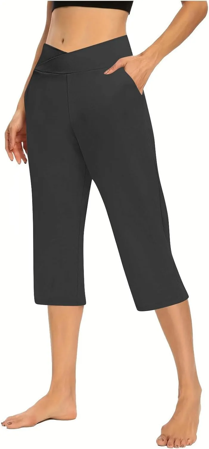 Lightweight Capri Sweatpants Women Knee Length Casual Summer Trousers Linen Elastic Waist Beach Capri with Pockets