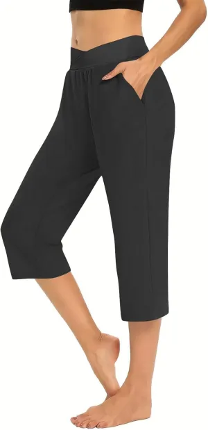 Lightweight Capri Sweatpants Women Knee Length Casual Summer Trousers Linen Elastic Waist Beach Capri with Pockets