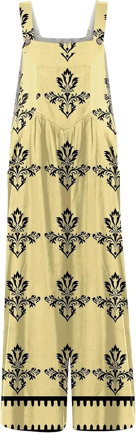 Linen Overalls For Women Loose Summer Casual Sleeveless One Piece Jumpsuits Plus Size Wide Leg Pants Rompers With Pockets