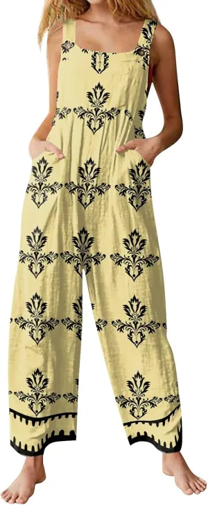 Linen Overalls For Women Loose Summer Casual Sleeveless One Piece Jumpsuits Plus Size Wide Leg Pants Rompers With Pockets