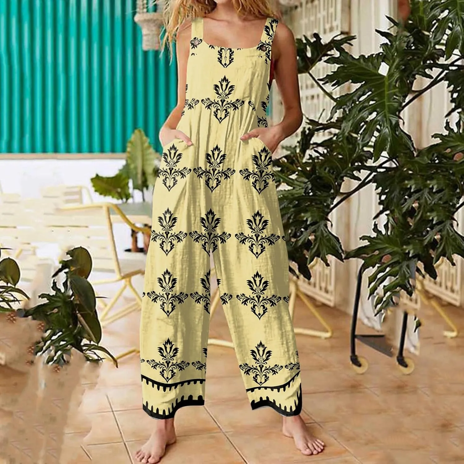 Linen Overalls For Women Loose Summer Casual Sleeveless One Piece Jumpsuits Plus Size Wide Leg Pants Rompers With Pockets