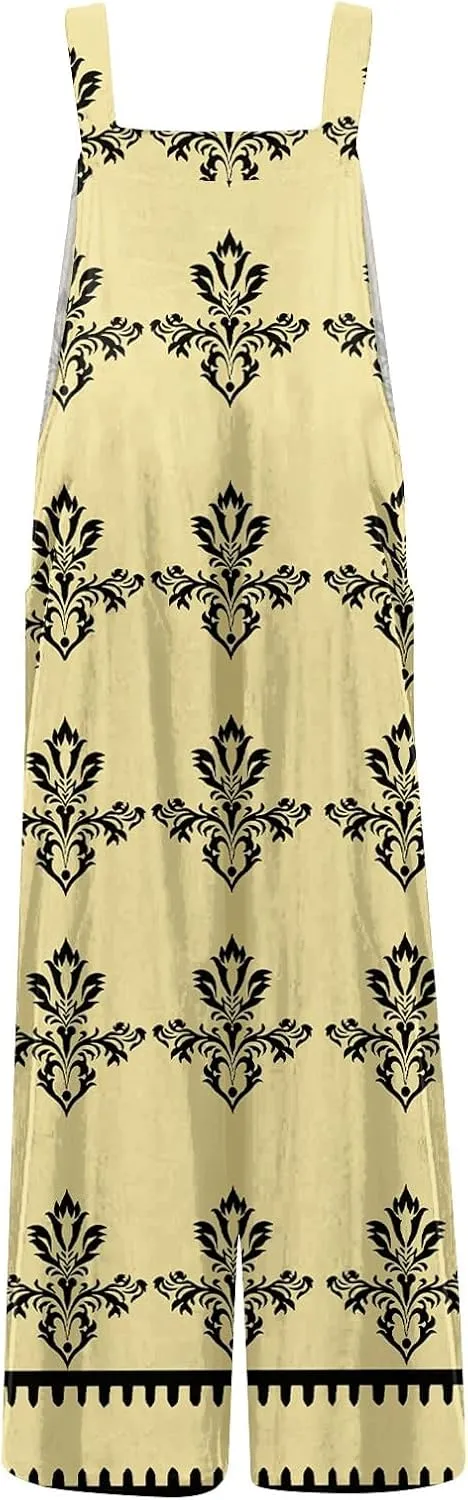 Linen Overalls For Women Loose Summer Casual Sleeveless One Piece Jumpsuits Plus Size Wide Leg Pants Rompers With Pockets