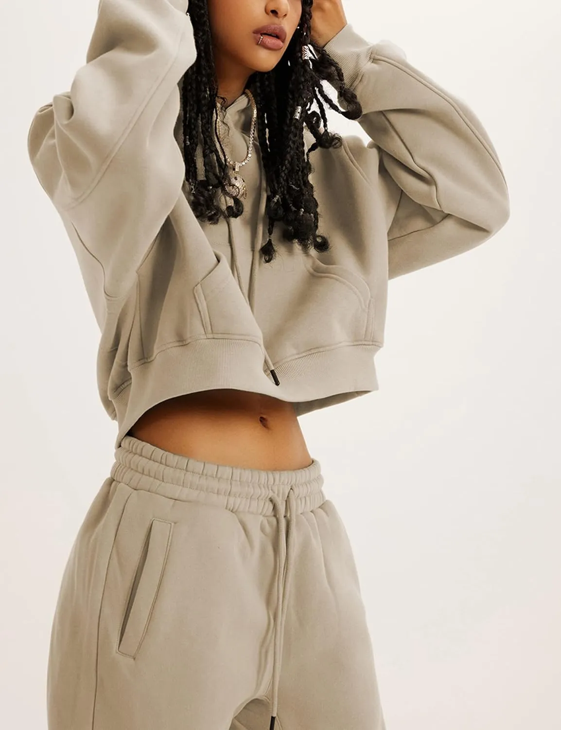 LTSCNRM Women's 2 Piece Airport Outfits Fleece Crop Hoodies Pullover Sweatshirt Sweatsuits Joggers Pants Pockets