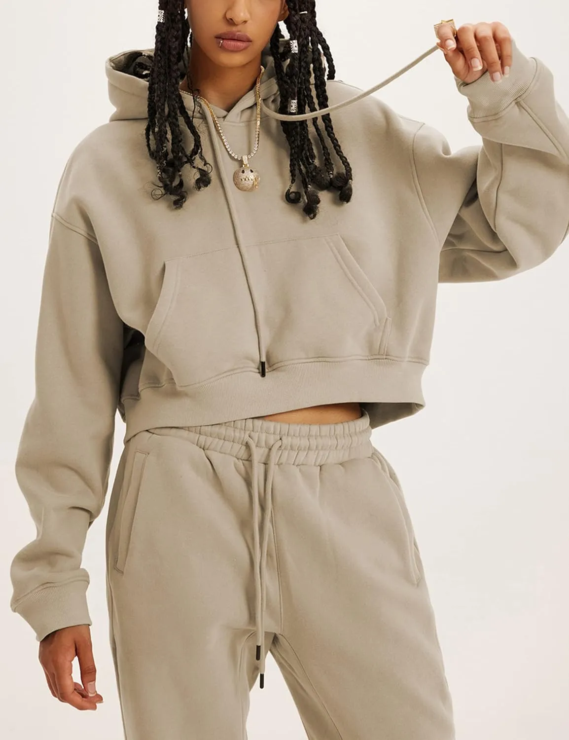 LTSCNRM Women's 2 Piece Airport Outfits Fleece Crop Hoodies Pullover Sweatshirt Sweatsuits Joggers Pants Pockets
