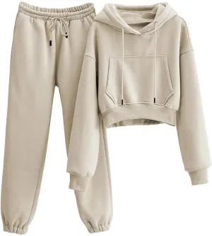 LTSCNRM Women's 2 Piece Airport Outfits Fleece Crop Hoodies Pullover Sweatshirt Sweatsuits Joggers Pants Pockets