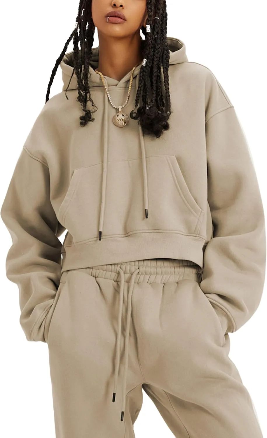 LTSCNRM Women's 2 Piece Airport Outfits Fleece Crop Hoodies Pullover Sweatshirt Sweatsuits Joggers Pants Pockets
