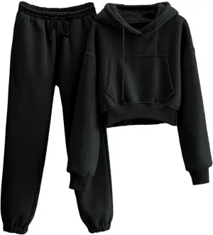 LTSCNRM Women's 2 Piece Airport Outfits Fleece Crop Hoodies Pullover Sweatshirt Sweatsuits Joggers Pants Pockets
