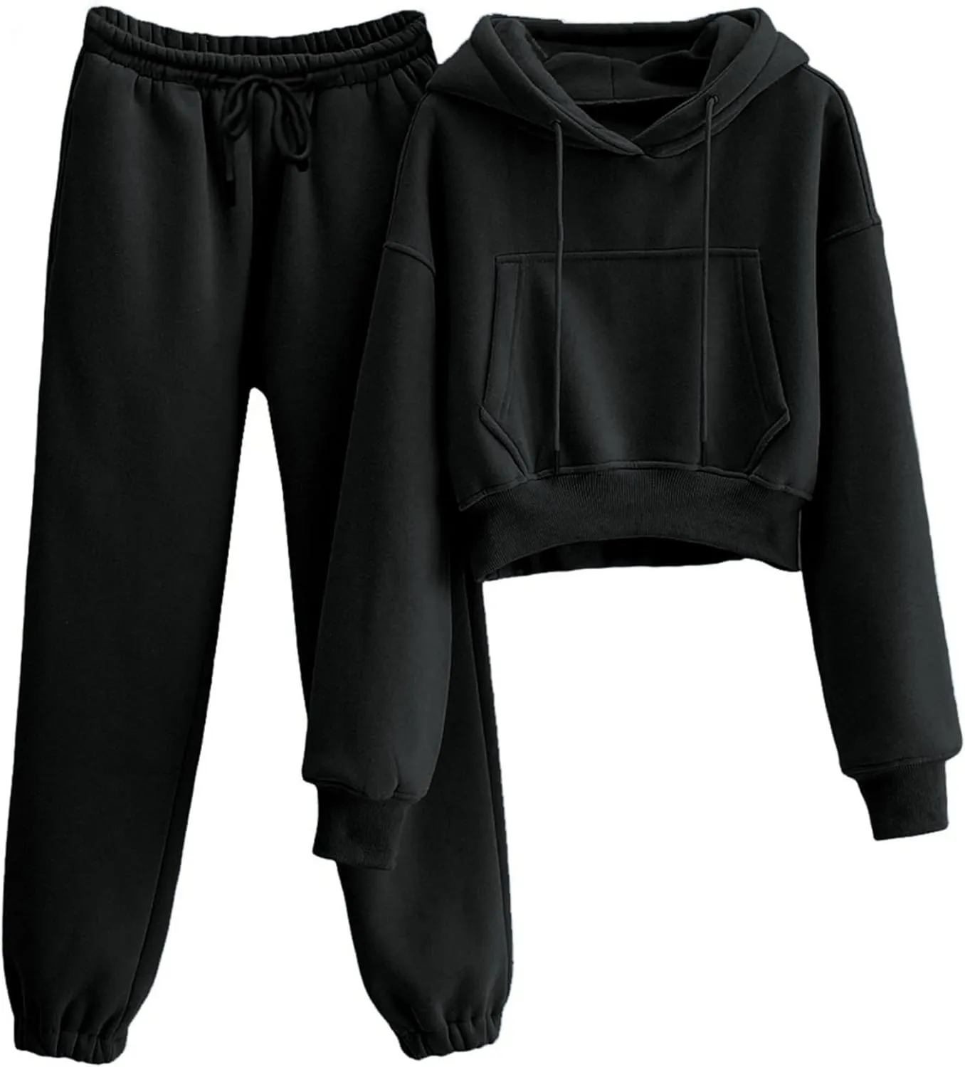 LTSCNRM Women's 2 Piece Airport Outfits Fleece Crop Hoodies Pullover Sweatshirt Sweatsuits Joggers Pants Pockets