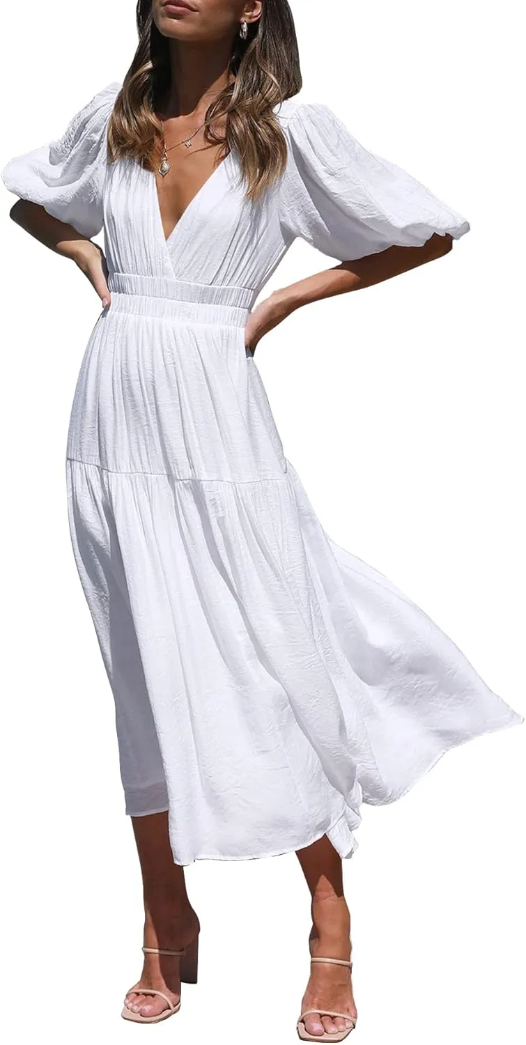 Lucrosun Women's Summer V Neck Short Puff Sleeve A Line Tiered Midi Dress