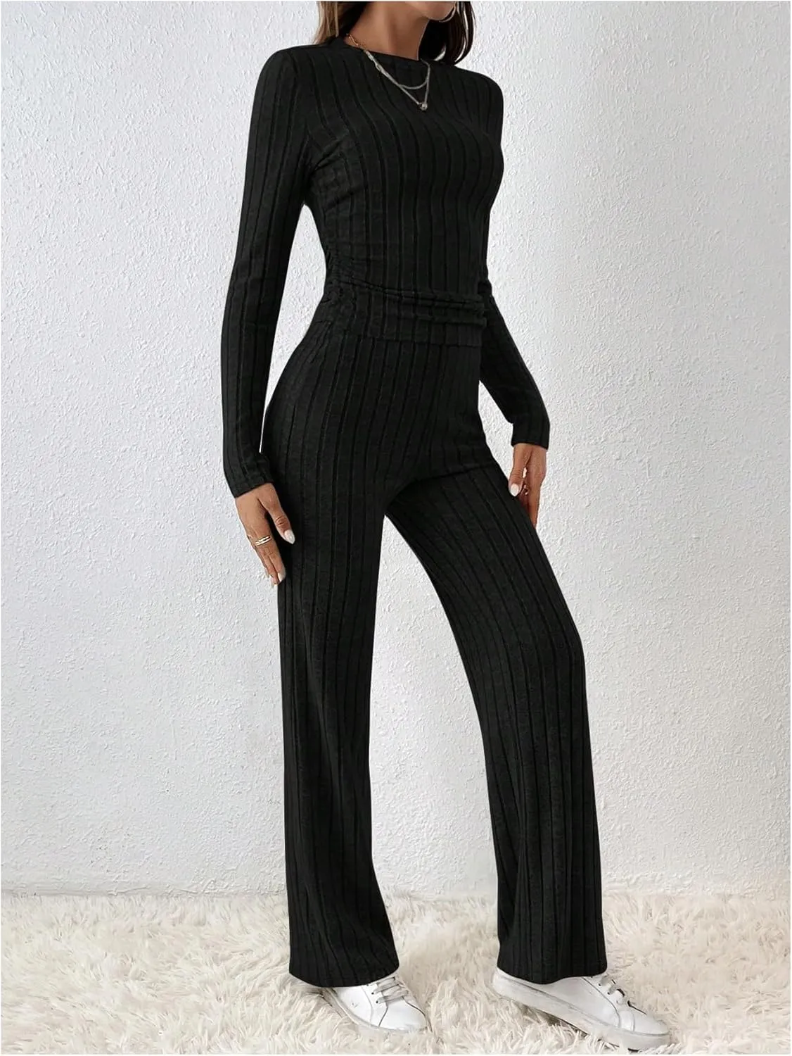 MakeMeChic Women's Casual Ribbed Knit Long Sleeve Outfits Crew Neck Tee Shirts High Waist Pants 2 Piece Sets