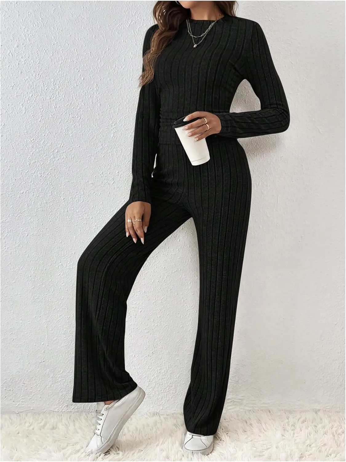 MakeMeChic Women's Casual Ribbed Knit Long Sleeve Outfits Crew Neck Tee Shirts High Waist Pants 2 Piece Sets