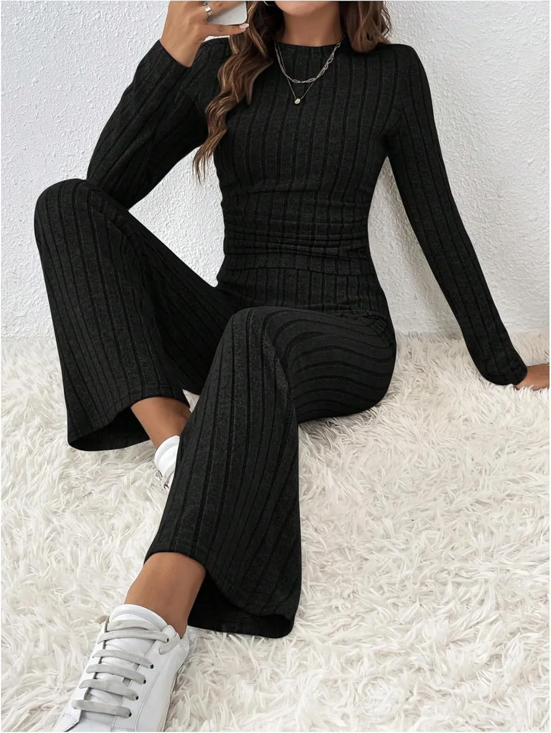 MakeMeChic Women's Casual Ribbed Knit Long Sleeve Outfits Crew Neck Tee Shirts High Waist Pants 2 Piece Sets
