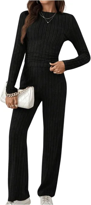 MakeMeChic Women's Casual Ribbed Knit Long Sleeve Outfits Crew Neck Tee Shirts High Waist Pants 2 Piece Sets