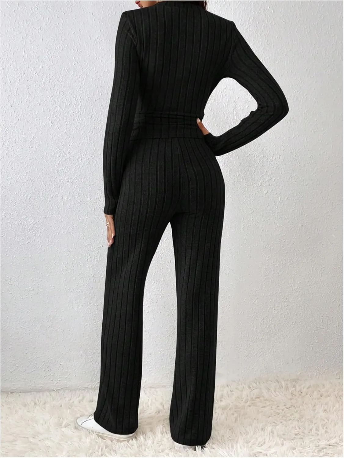 MakeMeChic Women's Casual Ribbed Knit Long Sleeve Outfits Crew Neck Tee Shirts High Waist Pants 2 Piece Sets